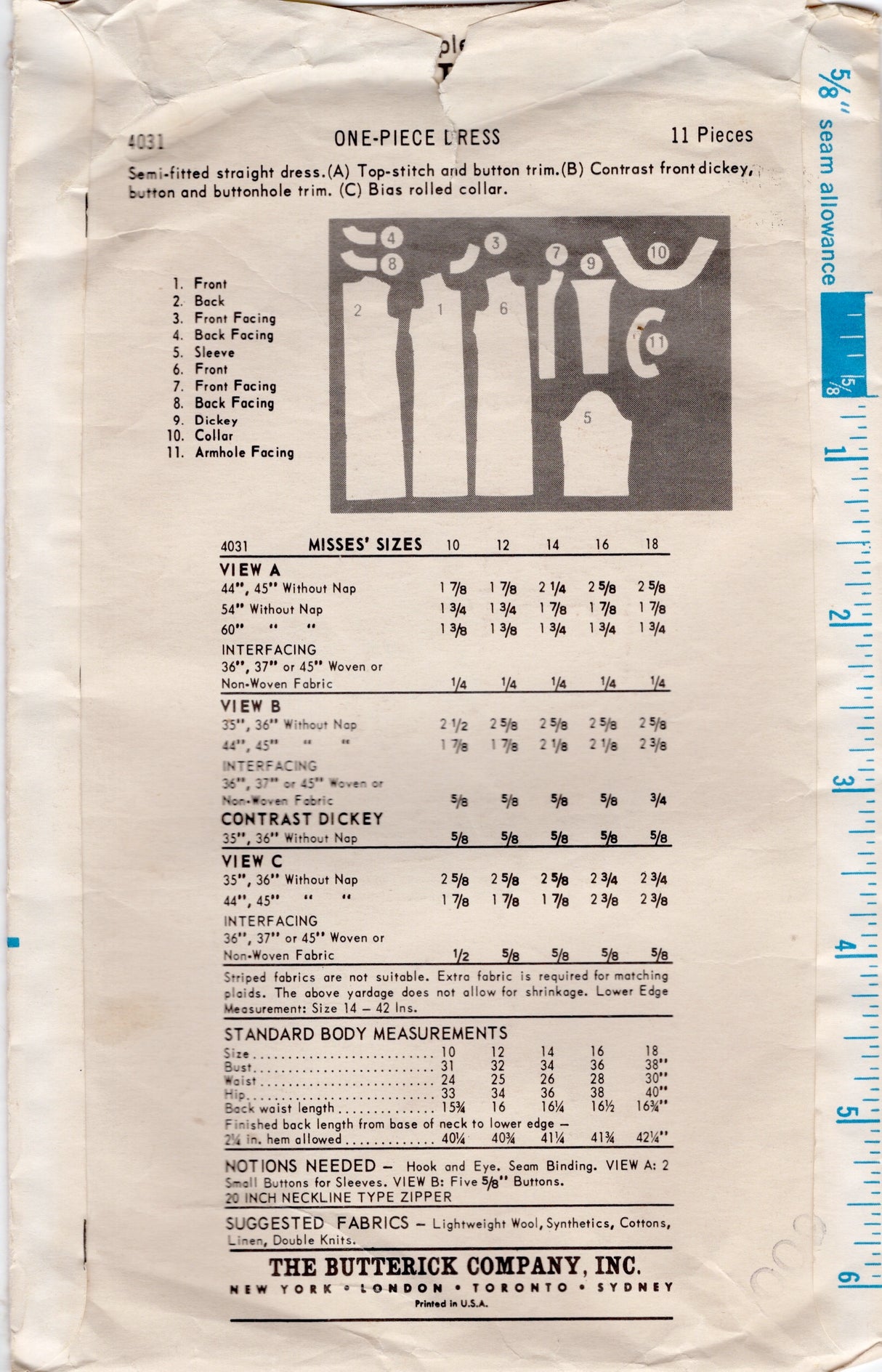 1960’s Butterick Sheath Dress with optional Button Front Dickey Pattern- Bust 38” - No. 4031