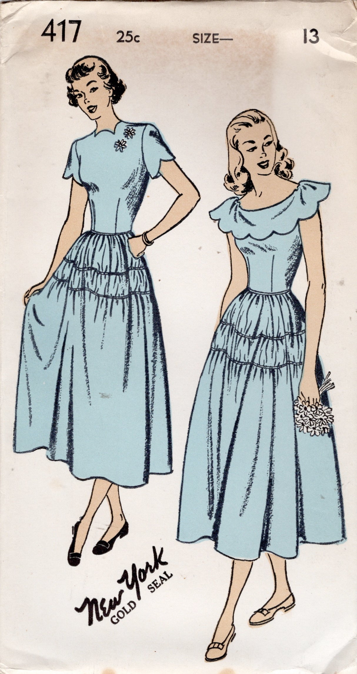 1940's New York One Piece Dress Pattern with Scallop Collar or High Neckline - Bust 31" - No. 417