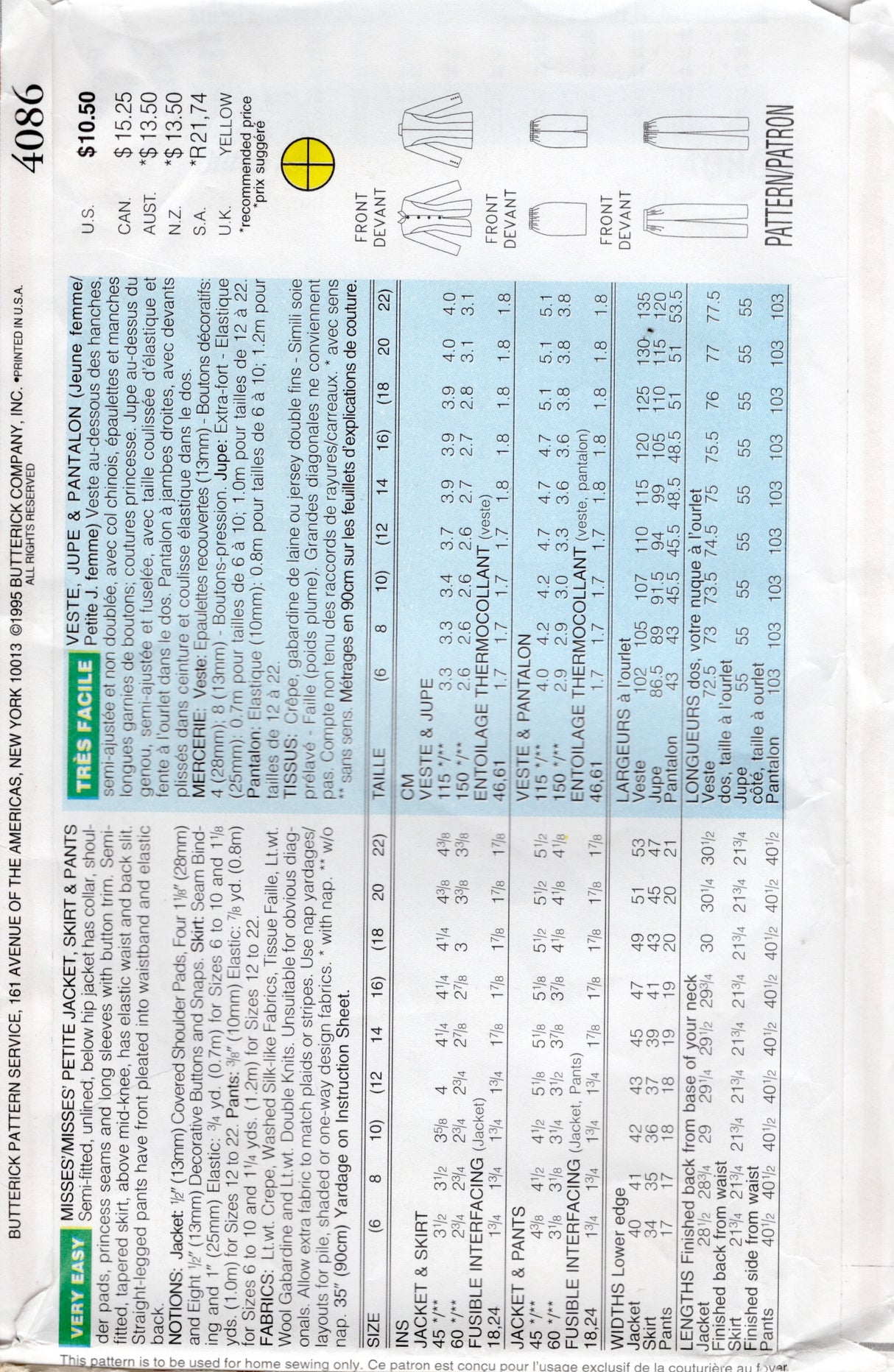 1990's Butterick Suit or Suit Dress Pattern - Bust 30.5-32.5" - No. 4086