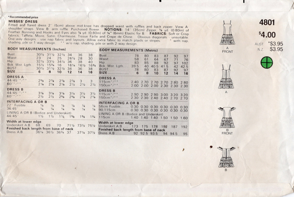1980's Butterick with Dorothy Hamill Off the Shoulder Dress Pattern - Bust 30.5-32.5" - No. 4801