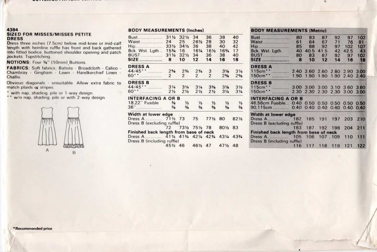1980's Butterick Dress Pattern with Pockets and Ruffle Bottom - Bust 32.5" - No. 4384