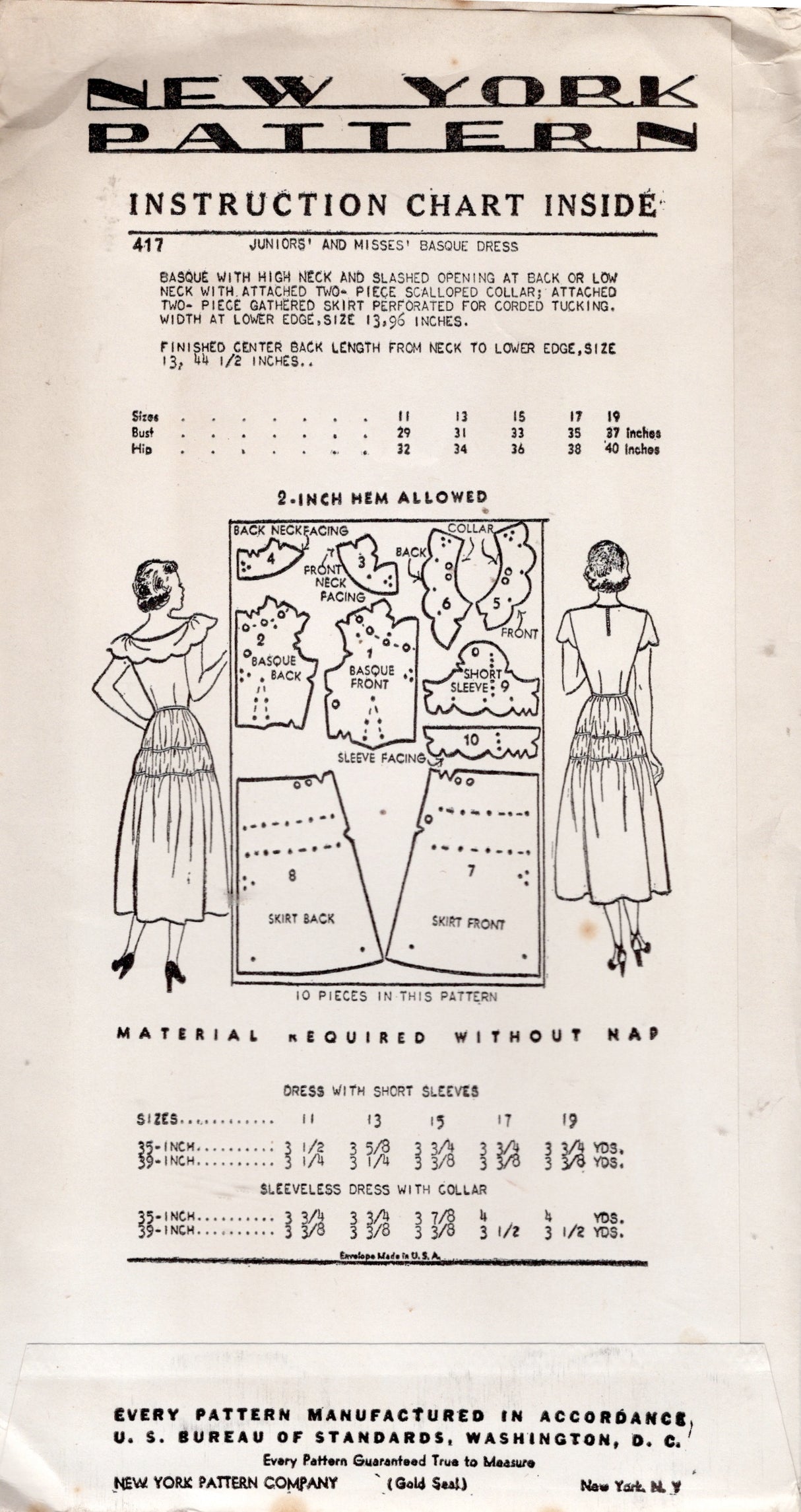 1940's New York One Piece Dress Pattern with Scallop Collar or High Neckline - Bust 31" - No. 417