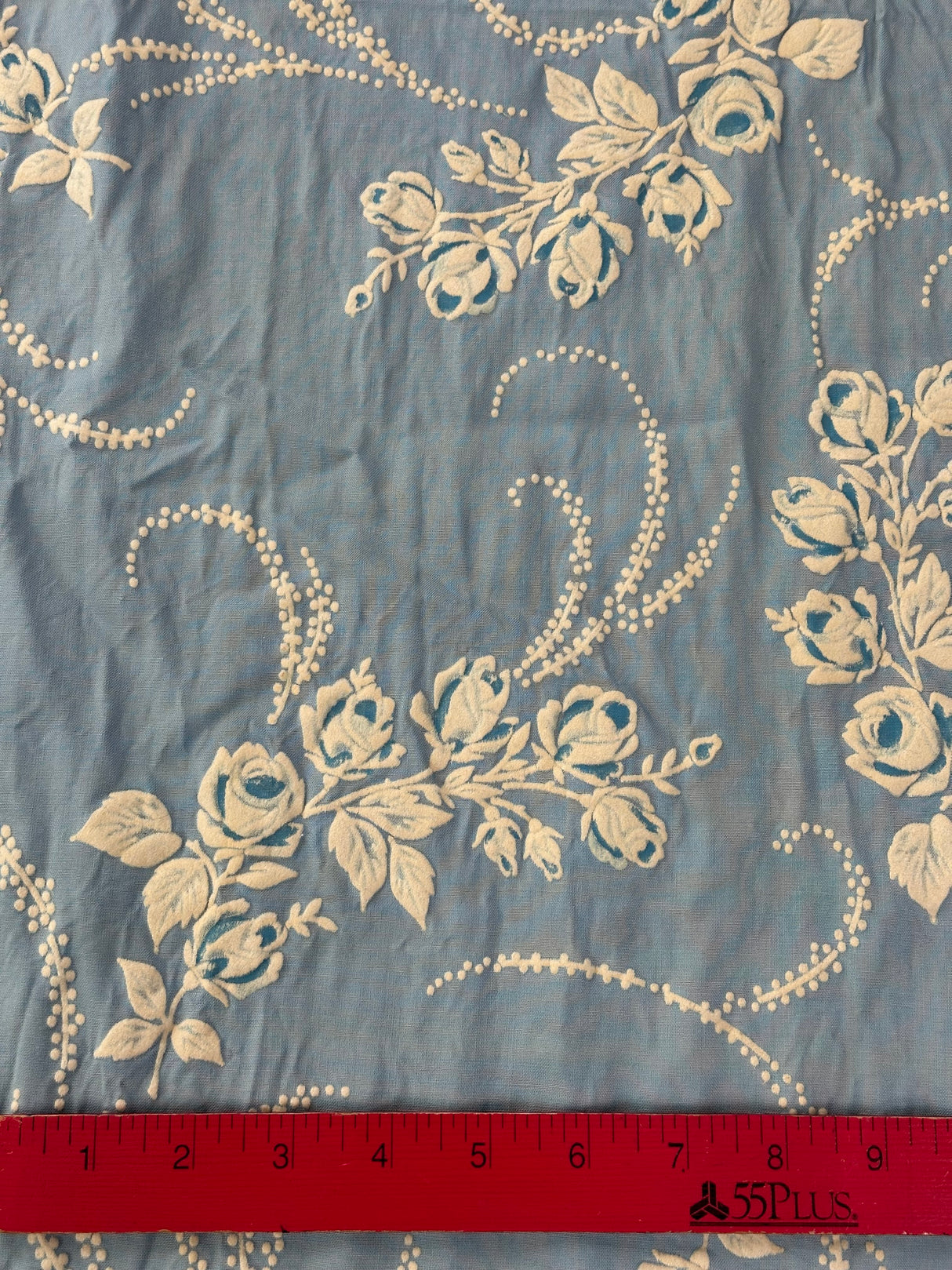 1960’s Blue Pinch Pleat Curtain Panel with Large Flocked Roses - (P208)