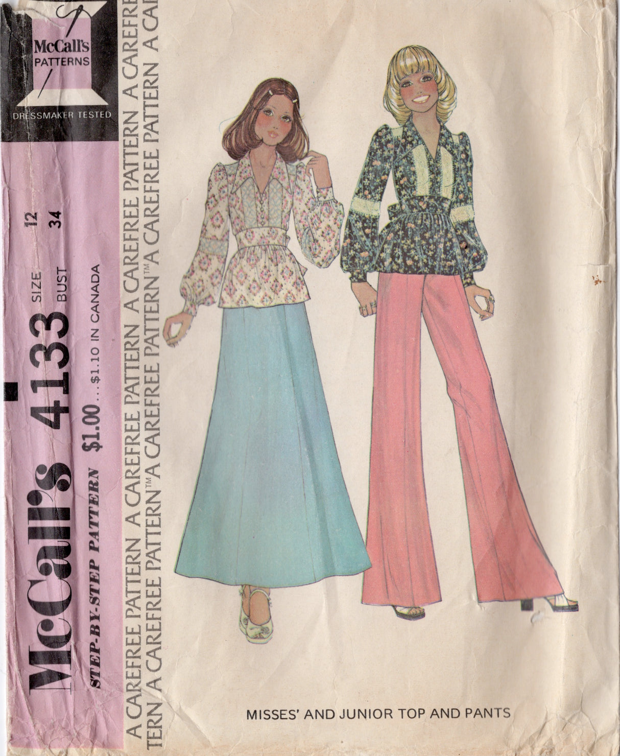 1970's McCall's Peplum Shirt and Wide Leg Pants Pattern - Bust 34" - No. 4133