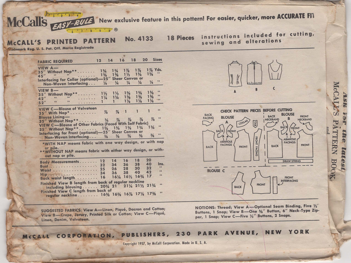 1950's McCall's Button Up Blouse Pattern - Bust 34" - No. 4133