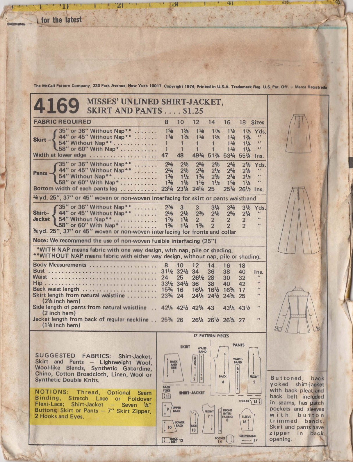1970's McCall's Unlined Shirt-Jacket, Skirt and Pants Pattern - Bust 34" - No. 4169