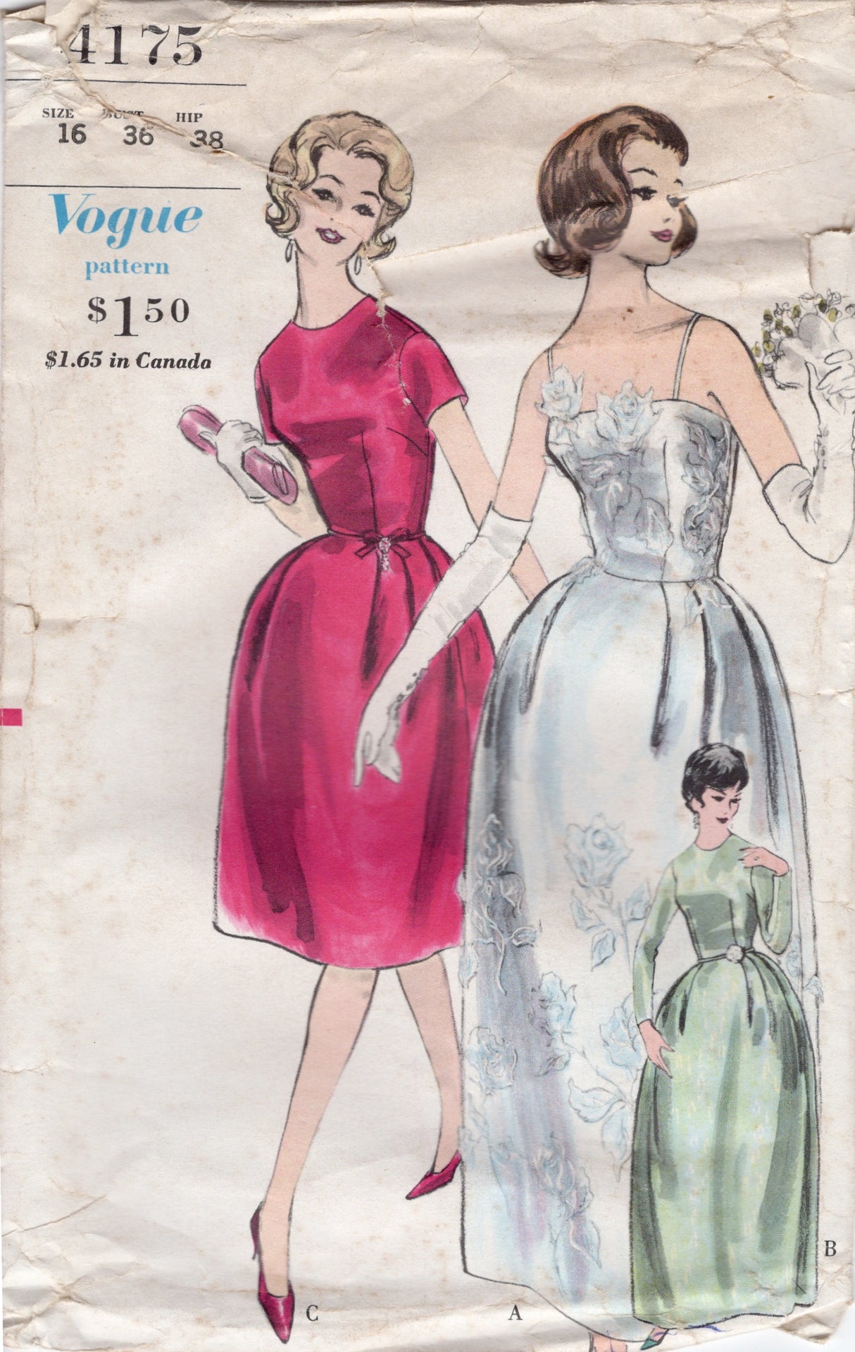 1960's Vogue Strapless Gown or Round High Neckline Dress Pattern - Bust 36" - No. 4175