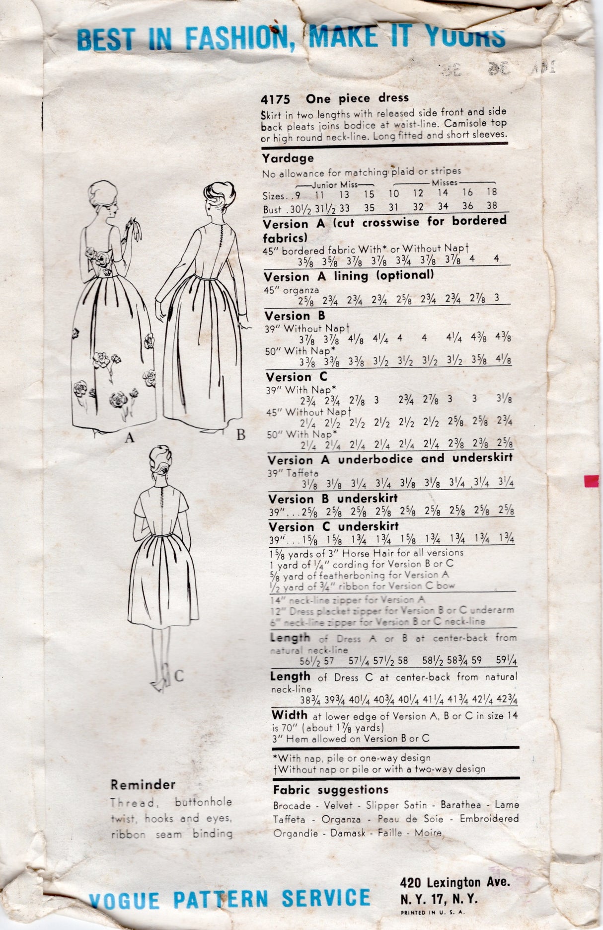 1960's Vogue Strapless Gown or Round High Neckline Dress Pattern - Bust 36" - No. 4175