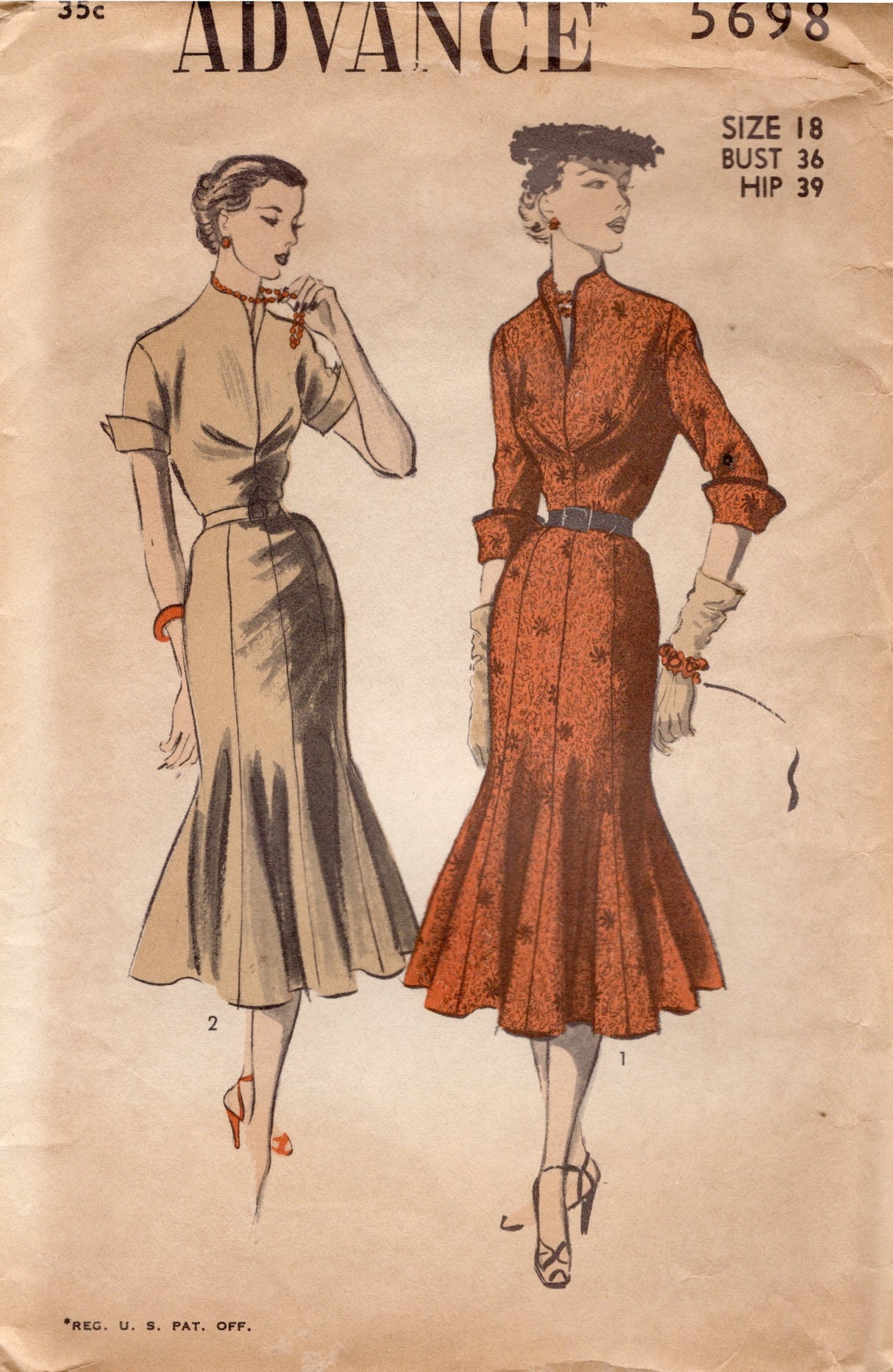 1950's Advance Sheath Dress Pattern with Tucked Bodice and Fishtail Skirt - Bust 36" - No. 5693