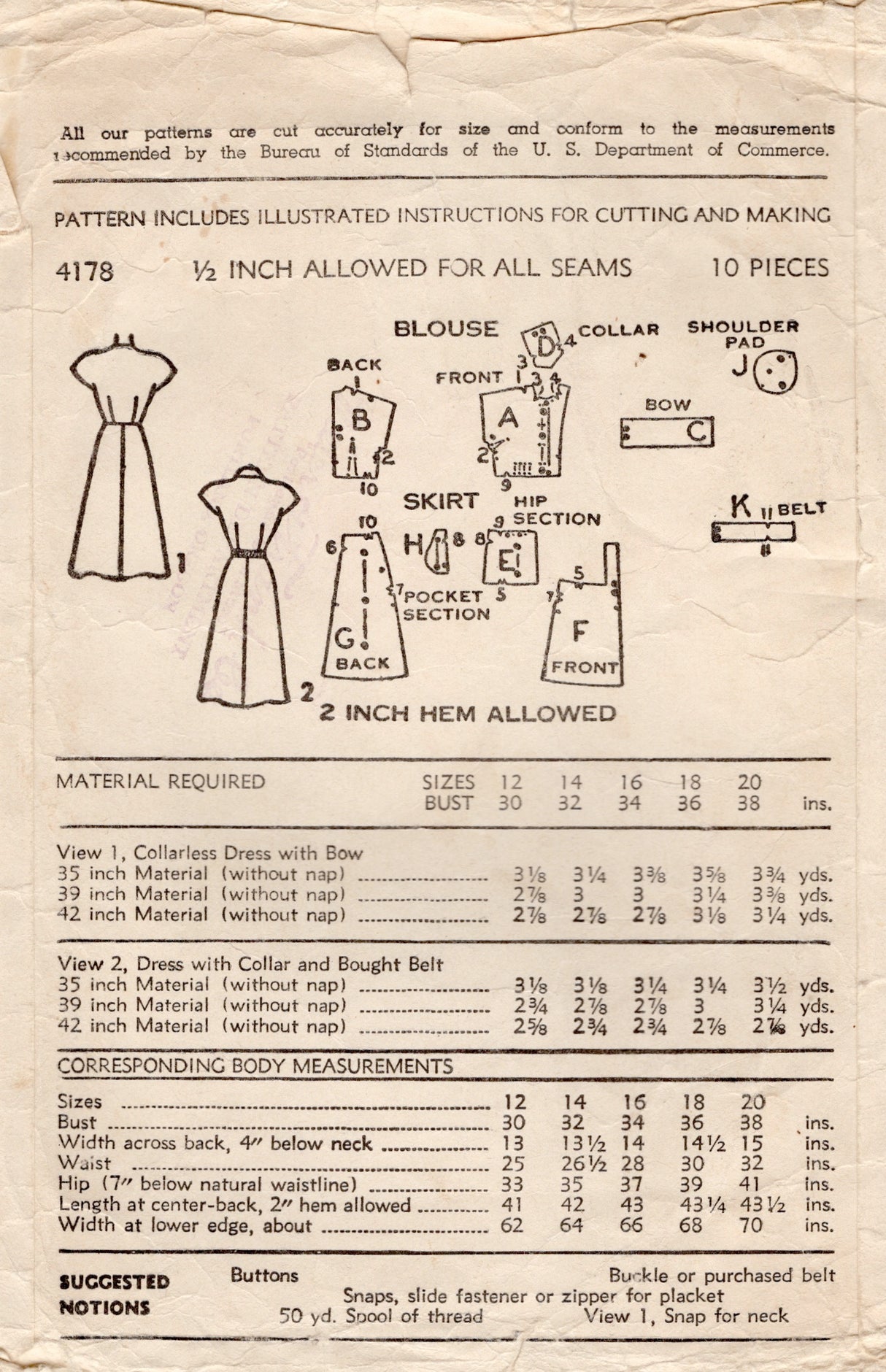 1940's Advance Shirtwaist Dress Pattern - Bust 32" - No. 4178