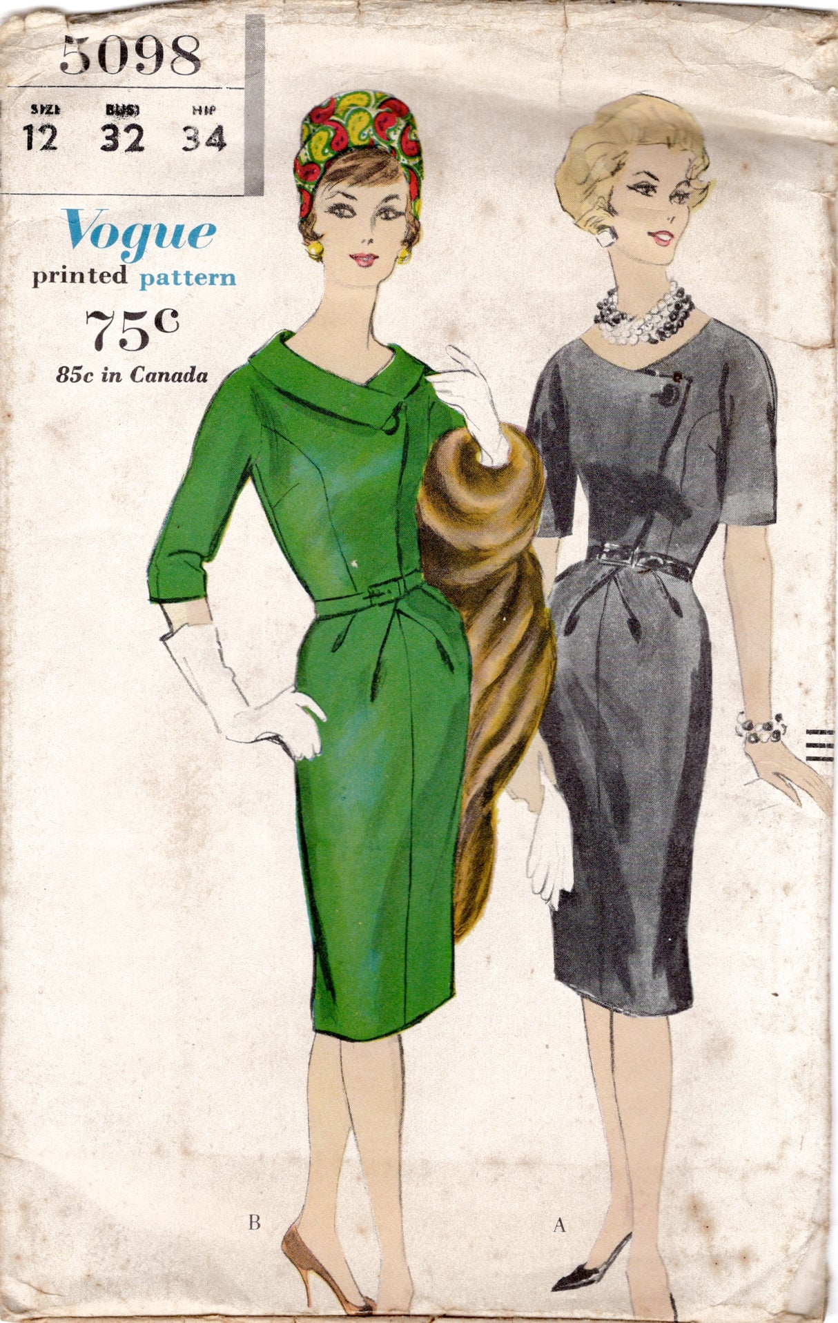 1960's Vogue Sheath Dress Pattern with Crossover Bodice and Tucked Front Skirt - Bust 32" - No. 5098
