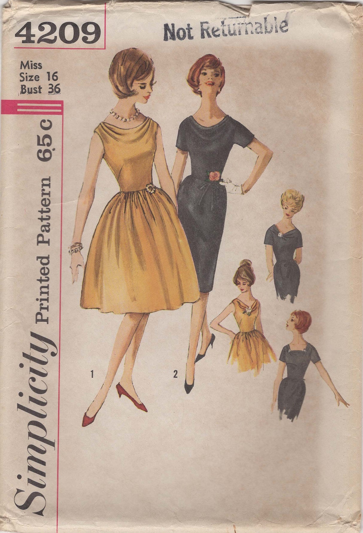 1960's Simplicity Cowl Neck Dress in two Styles Pattern - Bust 36"- No. 4209