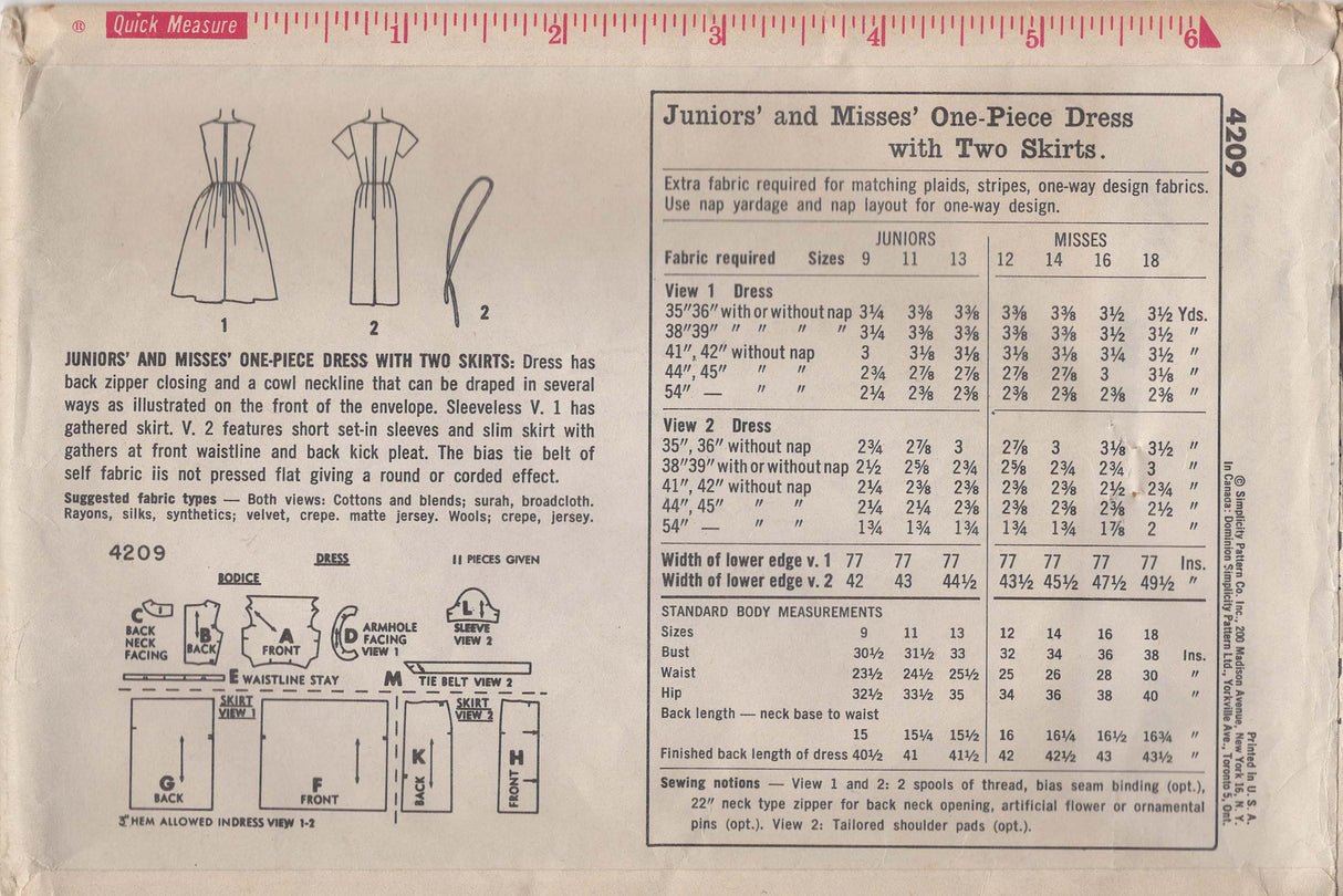 1960's Simplicity Cowl Neck Dress in two Styles Pattern - Bust 36"- No. 4209