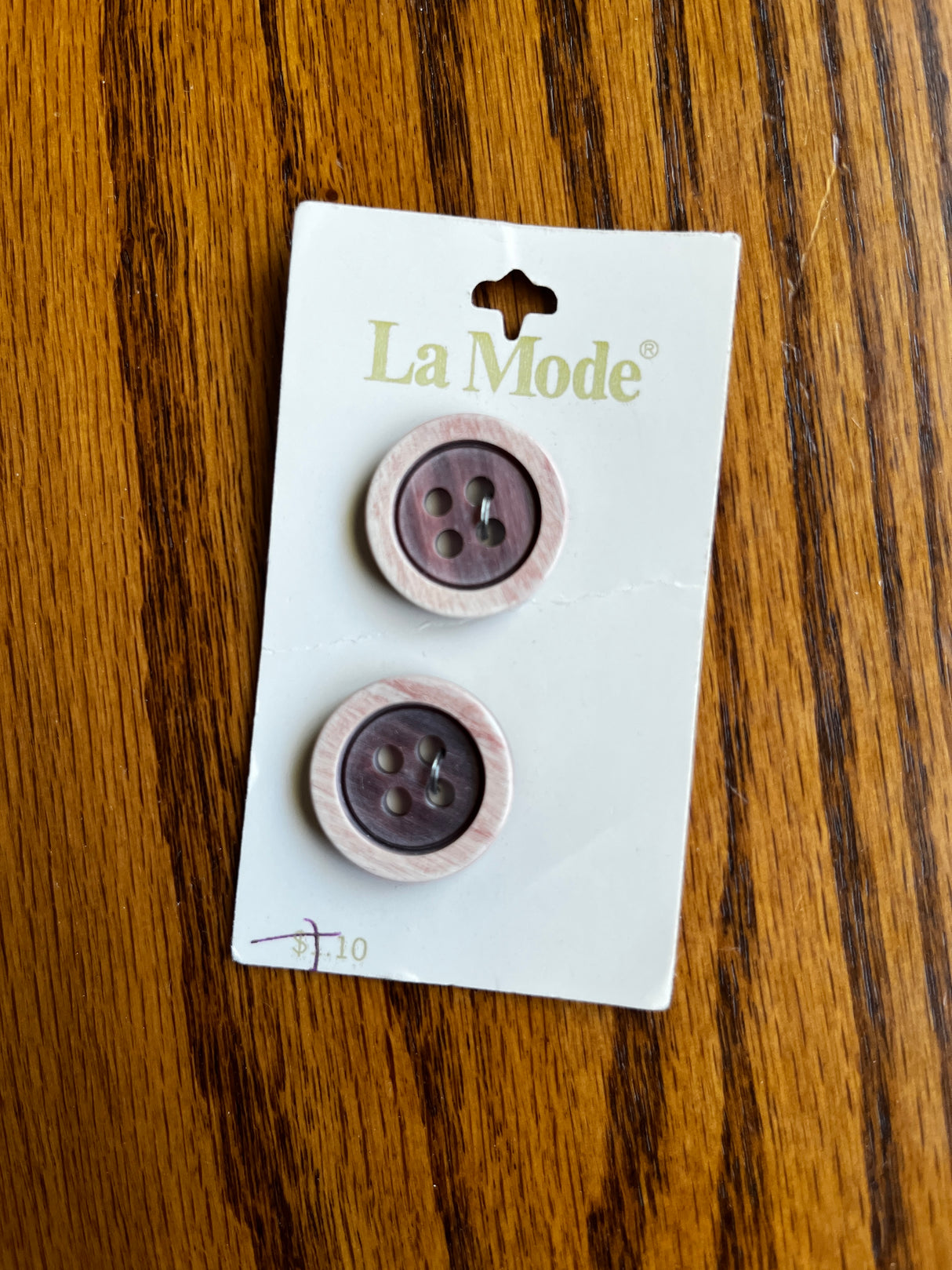 1980’s La Mode Purple Faux Wood Grain Carved Plastic Button - Set of 2 - 7/8” - on card
