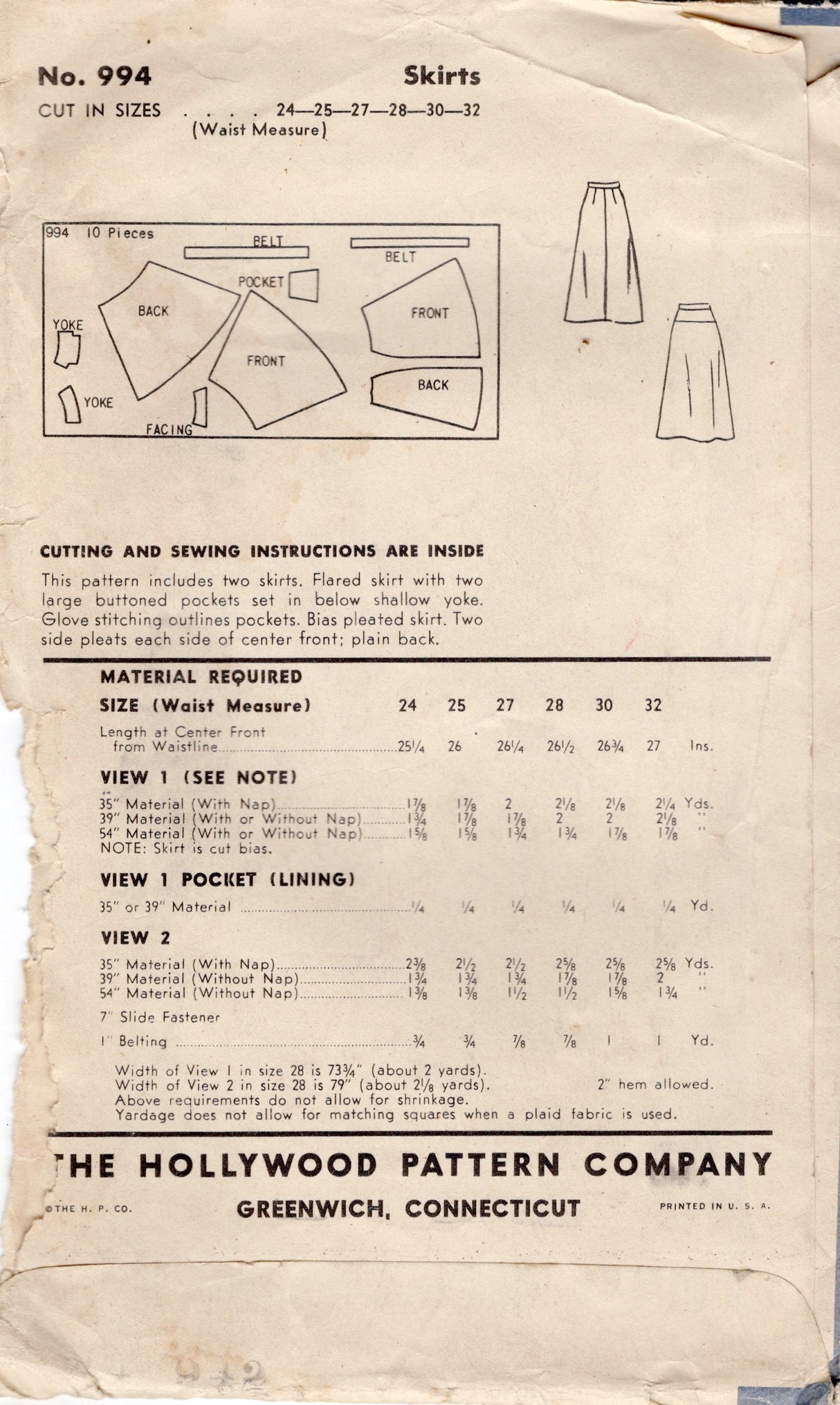 1940's Hollywood Skirts in Two Styles Pattern - Waist 28" - No. 994