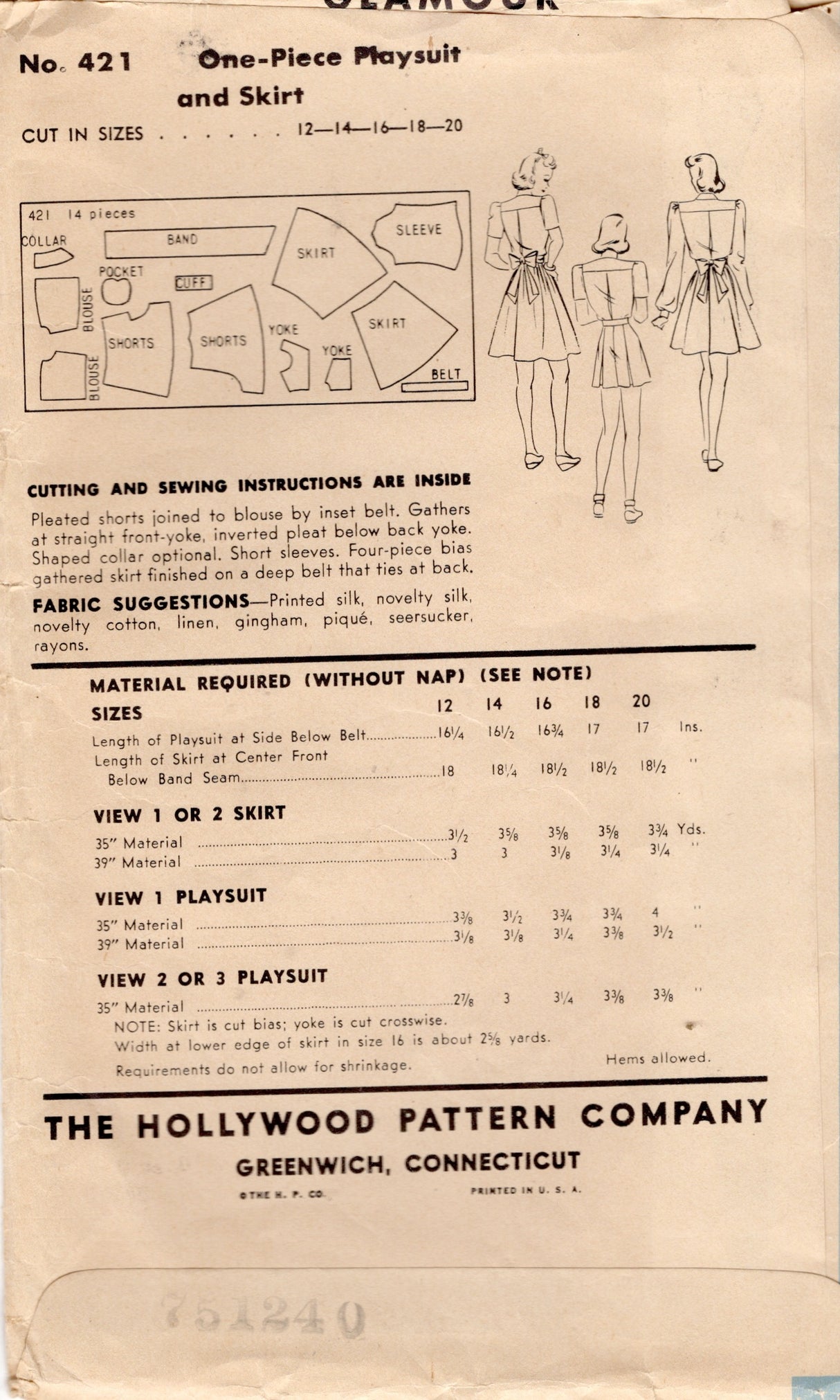 1940's Hollywood Playsuit and Skirt Pattern - Bust 34" - No. 421