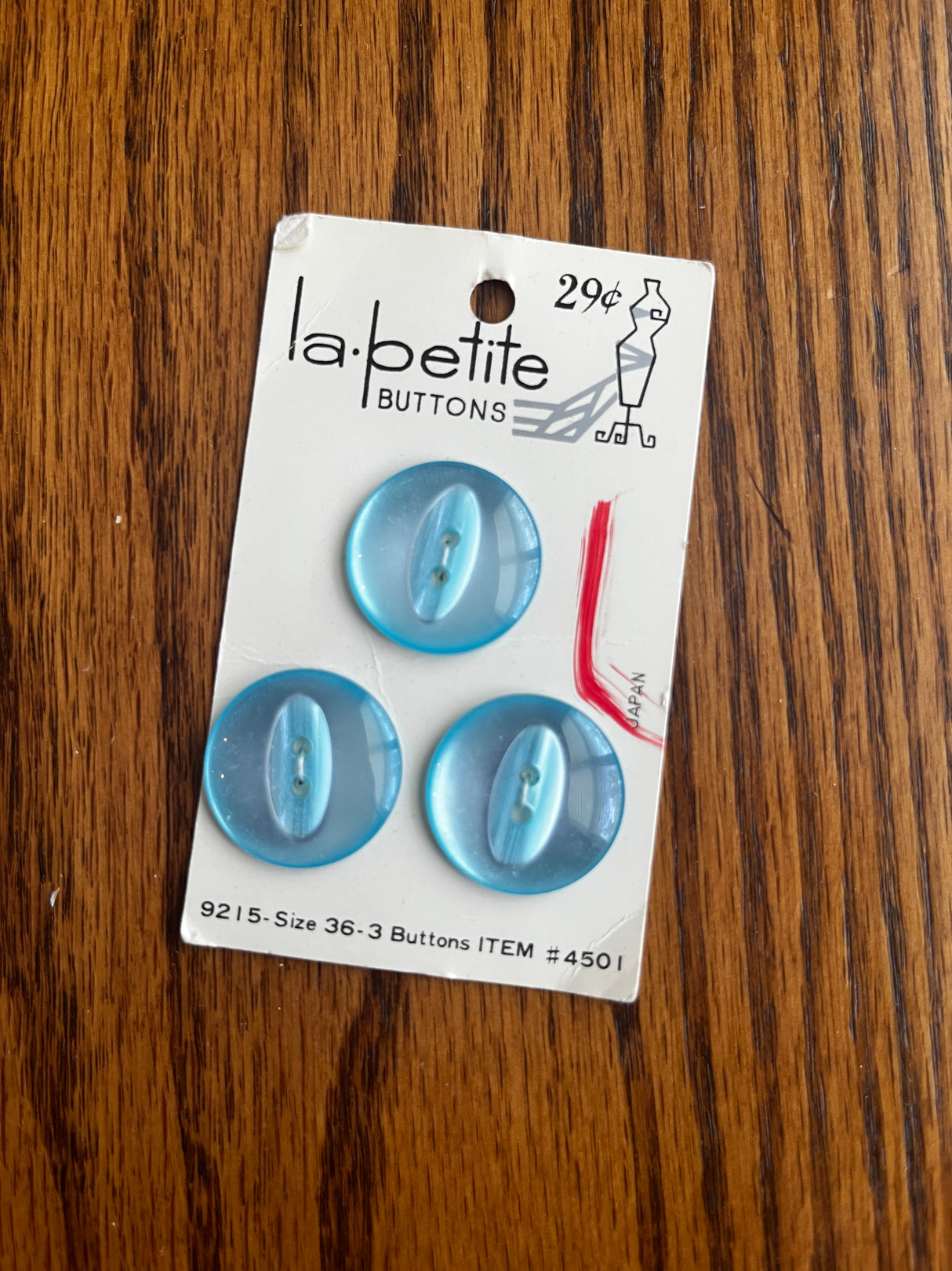 1980’s La Mode Blue Pearlescent Plastic Carved Button - Set of 3 - 7/8” - on card