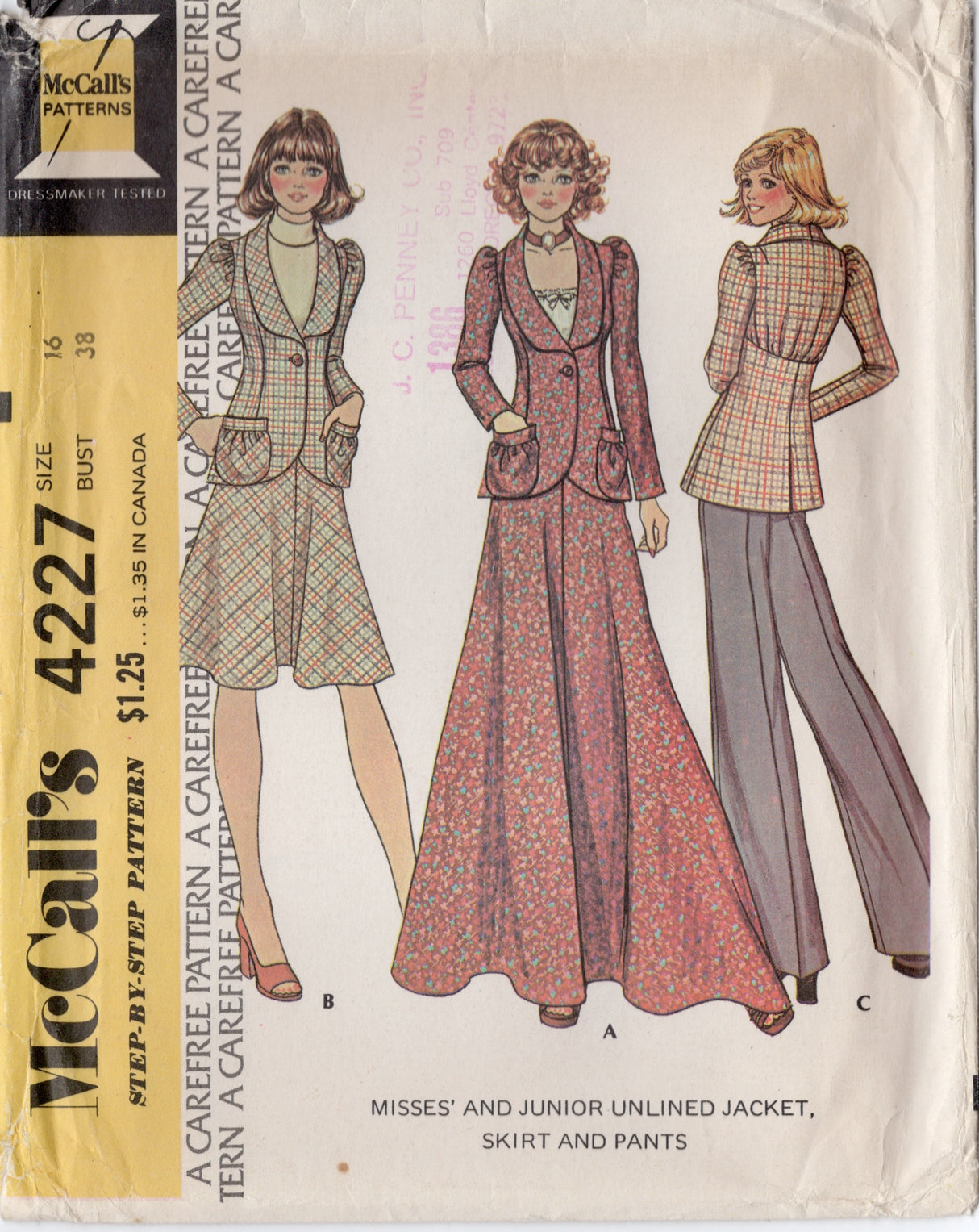 1970's McCall's Unlined Jacket with Patch pockets, Midi or Maxi Skirt and Pants Pattern - Bust 38" - No. 4227