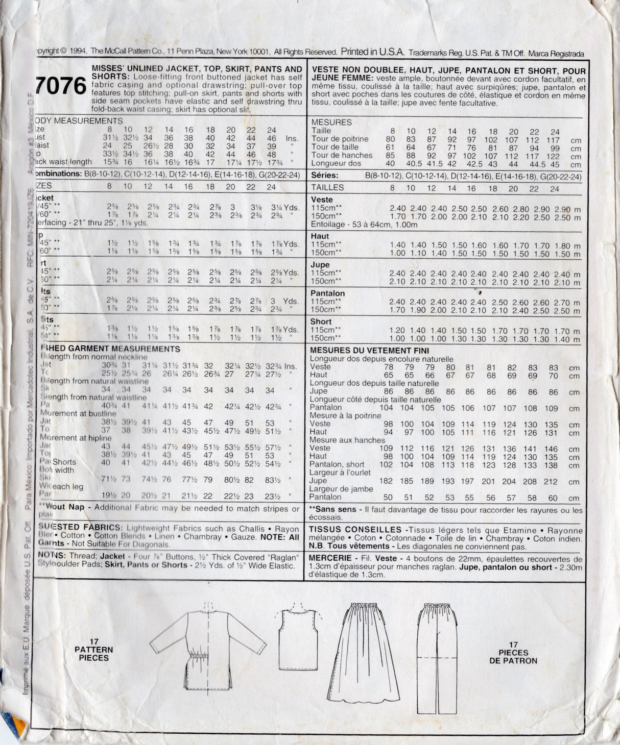 1990's McCall's Skirt, Pants, Shorts, Top and Unlined Jacket Pattern - Bust 36-40" - No. 7076
