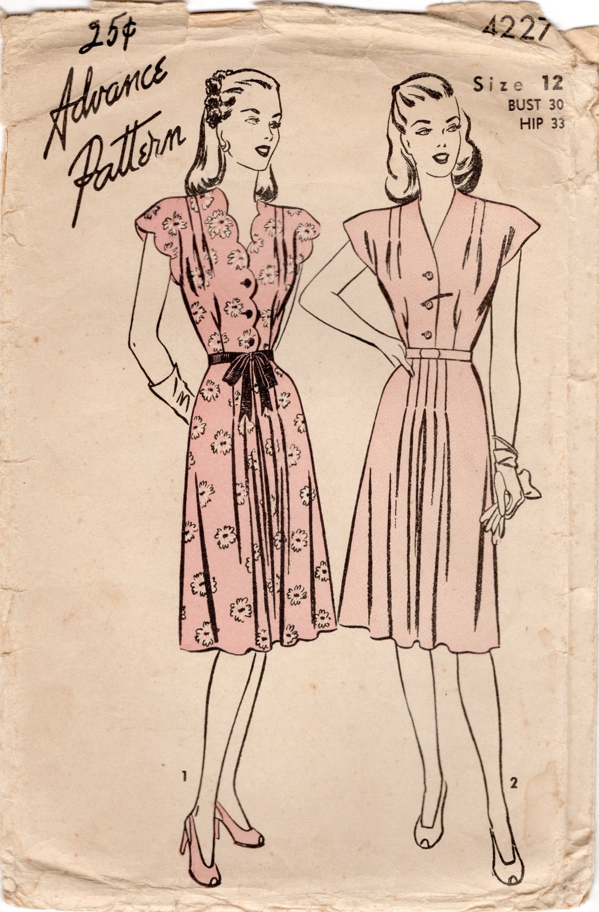 1940's Advance Shirtwaist Dress Patterns with Tucked Skirt and Scallop Detail - Bust 30" - No. 4227