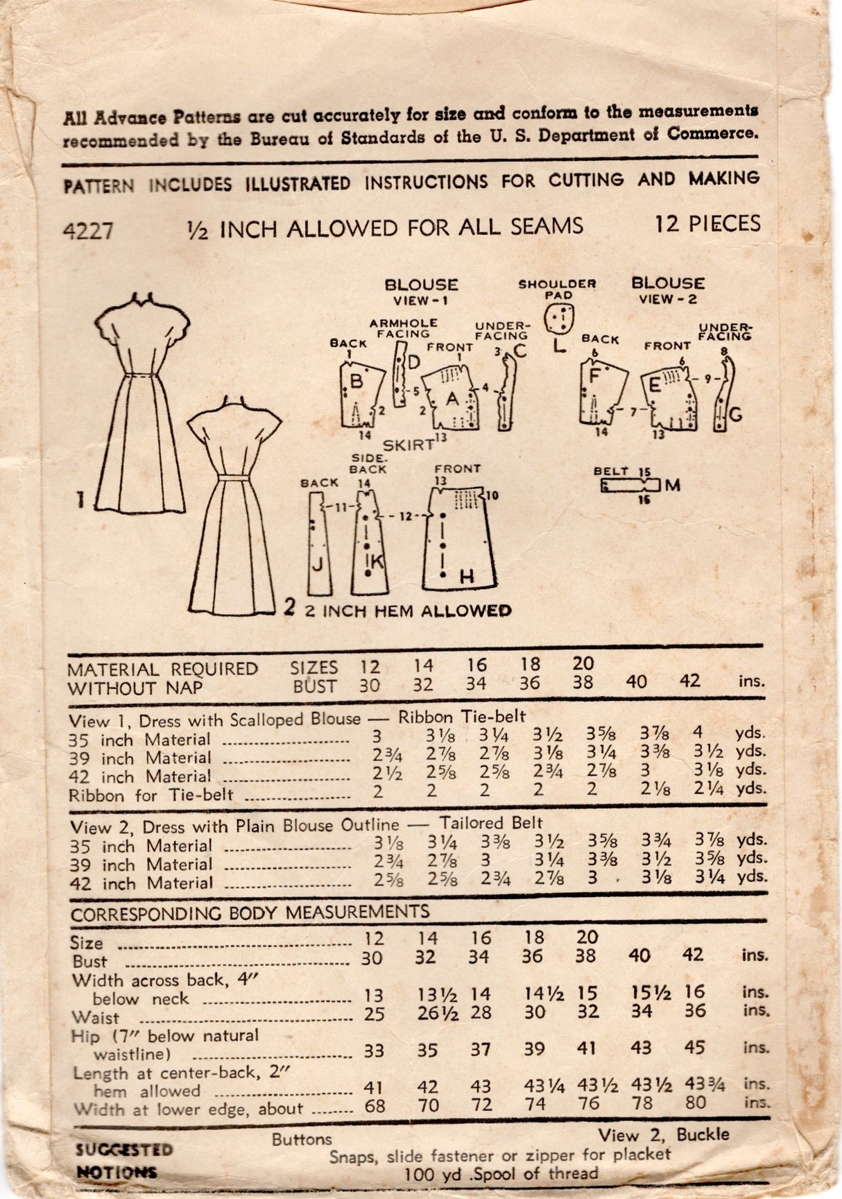 1940's Advance Shirtwaist Dress Patterns with Tucked Skirt and Scallop Detail - Bust 30" - No. 4227