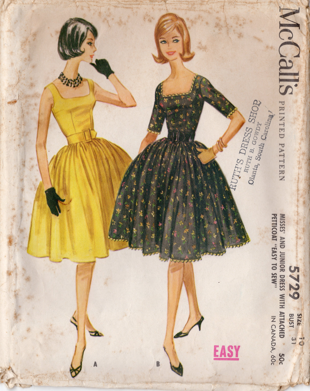 1960's McCall's Square Neckline Dress Pattern with or without sleeves - Bust 31" - No. 5729