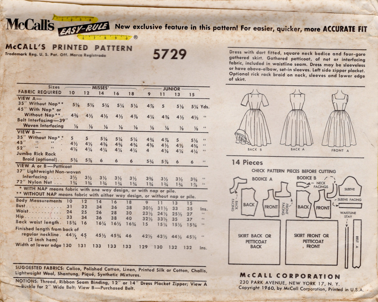 1960's McCall's Square Neckline Dress Pattern with or without sleeves - Bust 31" - No. 5729