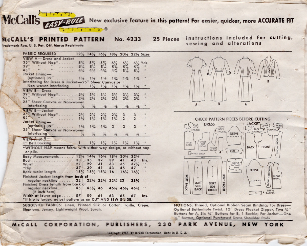 1950's McCall's Detailed Bodice Slim Fit Dress and Jacket pattern - Bust 33" - No. 4233