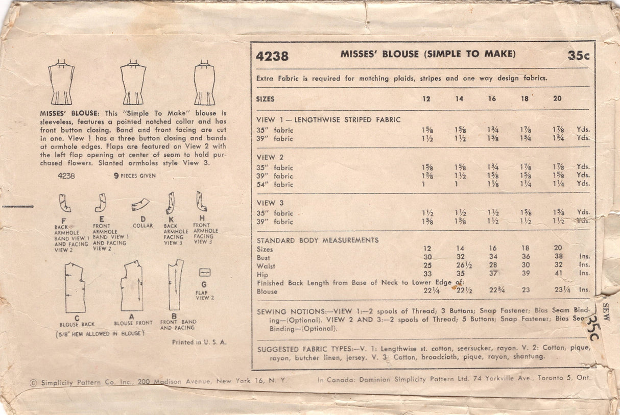 1950's Simplicity Sleeveless Button-Up Blouse - Bust 32" - No. 4238