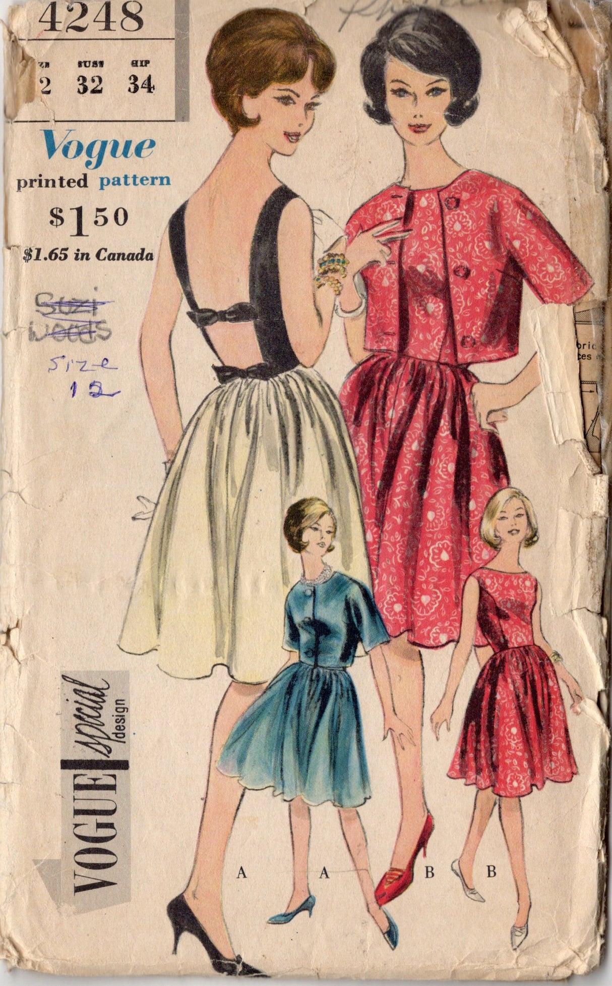 1960's Vogue Special Design One-Piece Dress with Cut Out Back and Bolero Jacket Pattern - Bust 32" - No. 4248