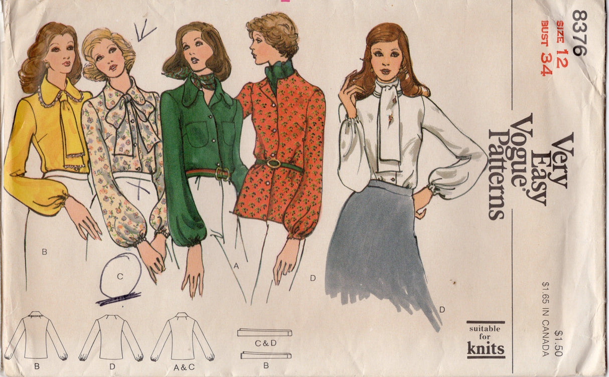 1970's Vogue Button Up Blouse Pattern with Long Sleeves and Tie - Bust 34" - No. 8376