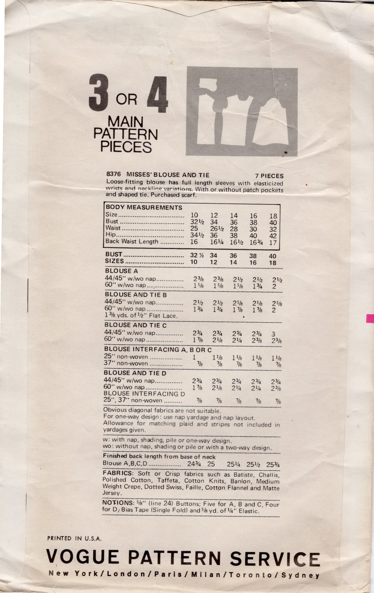 1970's Vogue Button Up Blouse Pattern with Long Sleeves and Tie - Bust 34" - No. 8376