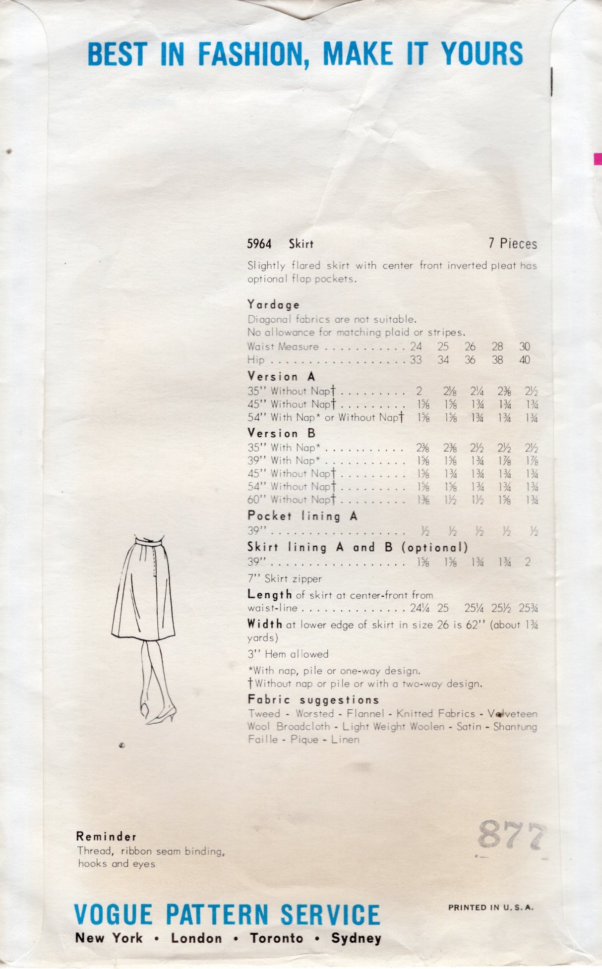 1960's Vogue A-line Skirt Pattern with Inverted Pleat and Pockets - Waist 26" - No. 5964