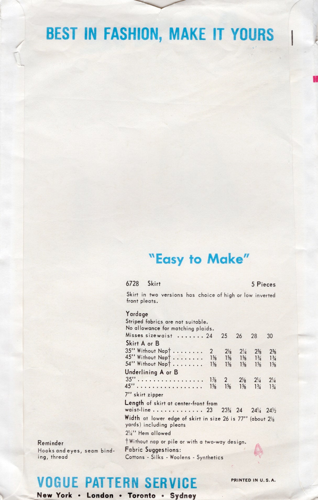 1960's Vogue A-line Skirt Pattern with Inverted Pleats- Waist 26" - No. 6728