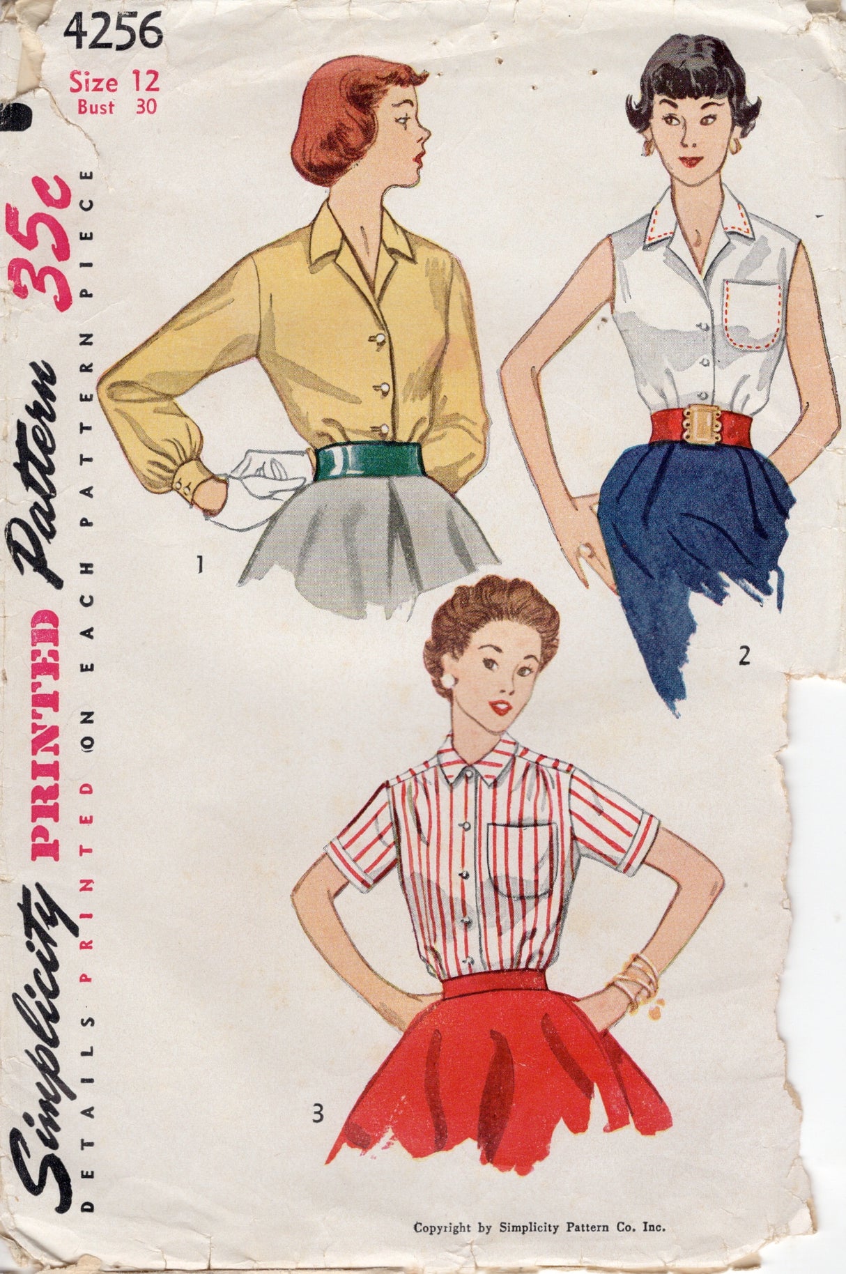 1950's Simplicity Button-up Blouse Pattern - Bust 30" - No. 4256