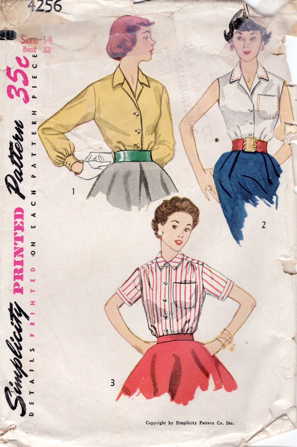 1950's Simplicity Button-up Blouse Pattern - Bust 32" - No. 4256