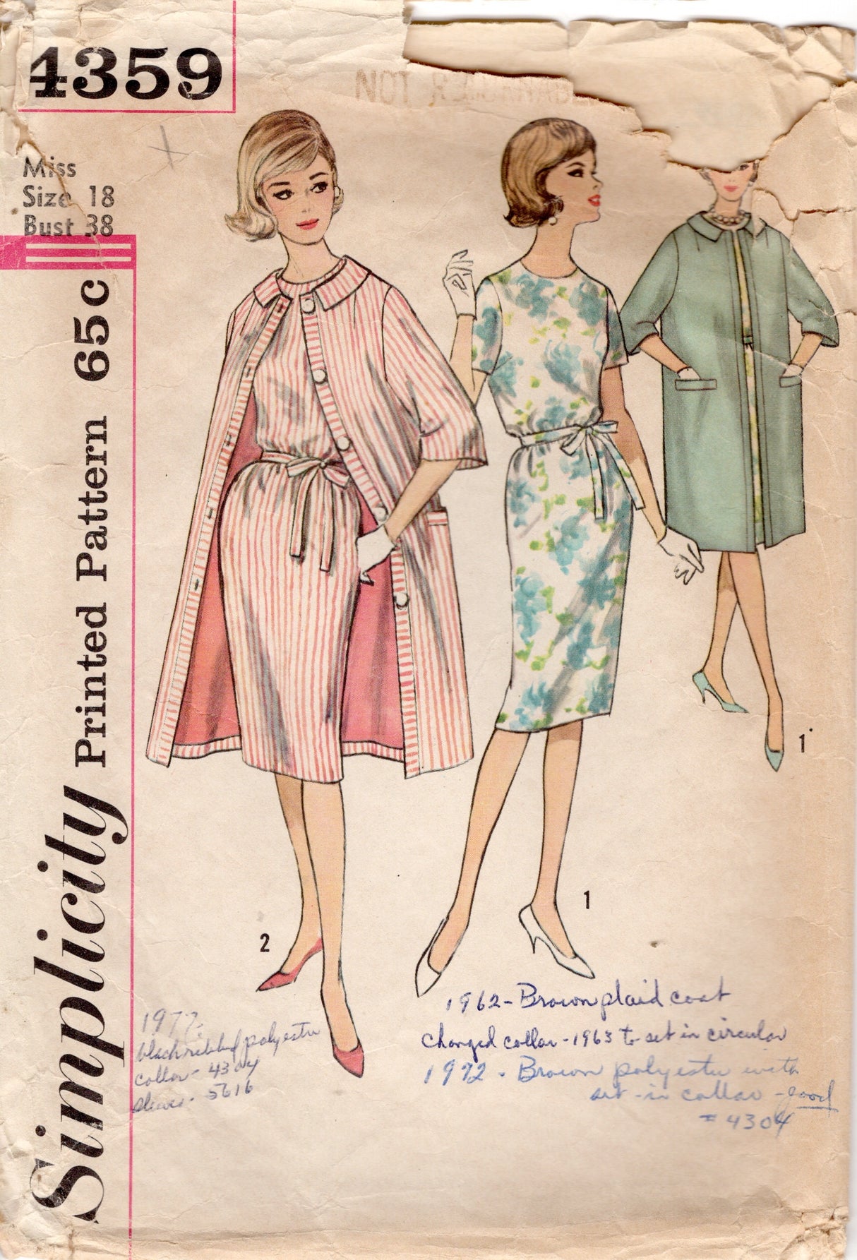 1960's Simplicity Shift Dress and Coat Pattern - Bust 38" - No. 4359