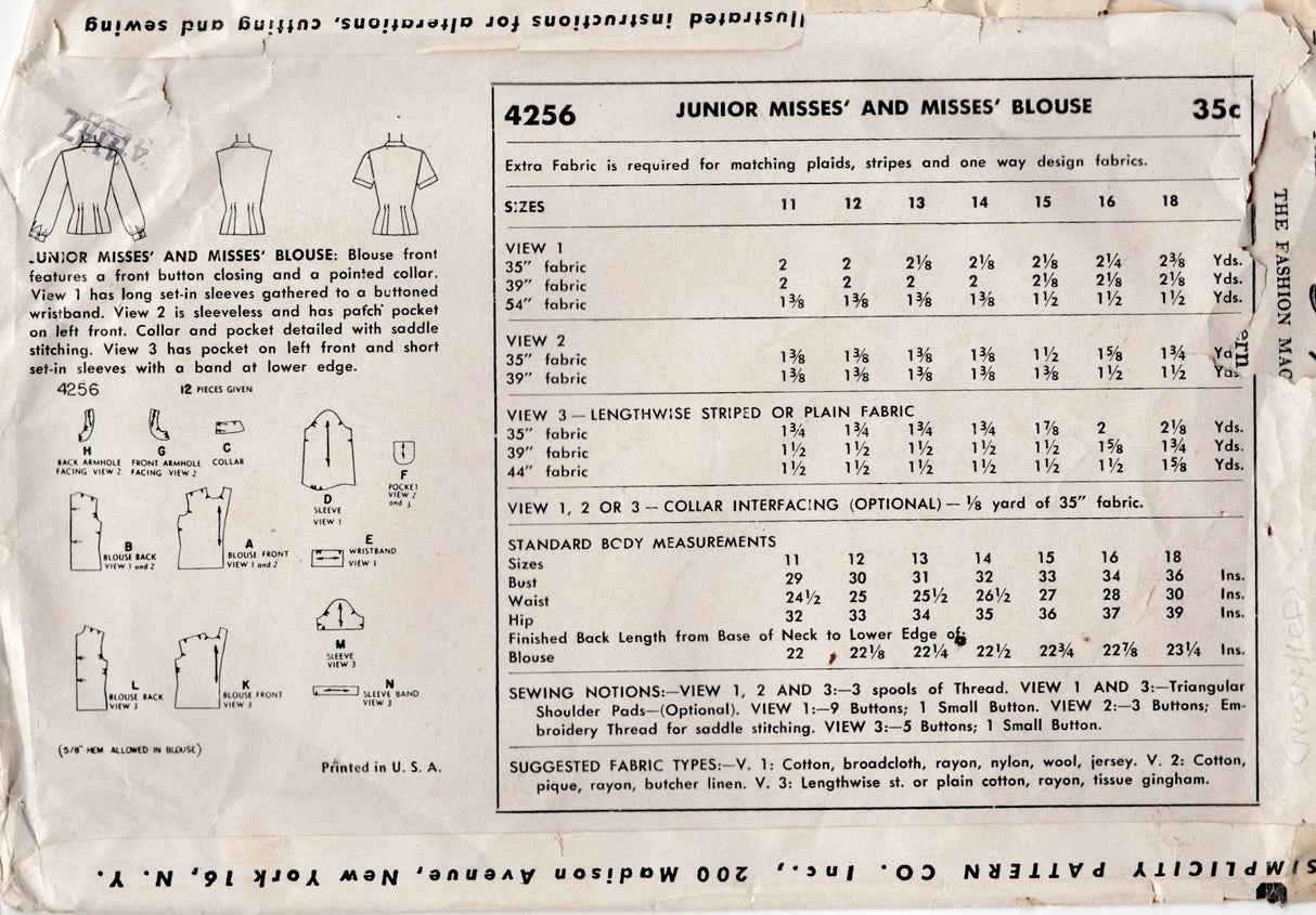 1950's Simplicity Button-up Blouse Pattern - Bust 32" - No. 4256
