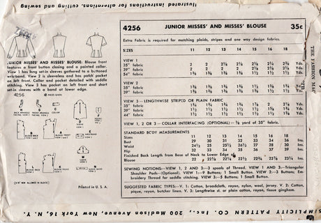 1950's Simplicity Button-up Blouse Pattern - Bust 32" - No. 4256