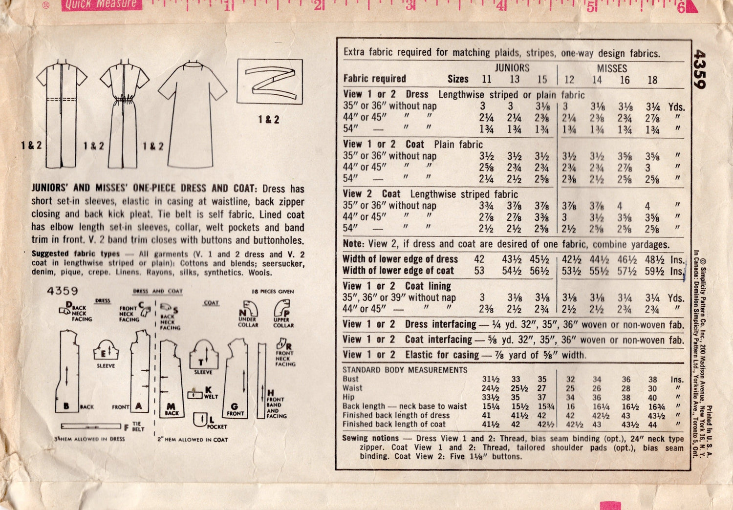 1960's Simplicity Shift Dress and Coat Pattern - Bust 38" - No. 4359