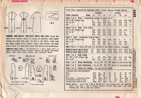 1960's Simplicity Shift Dress and Coat Pattern - Bust 38" - No. 4359