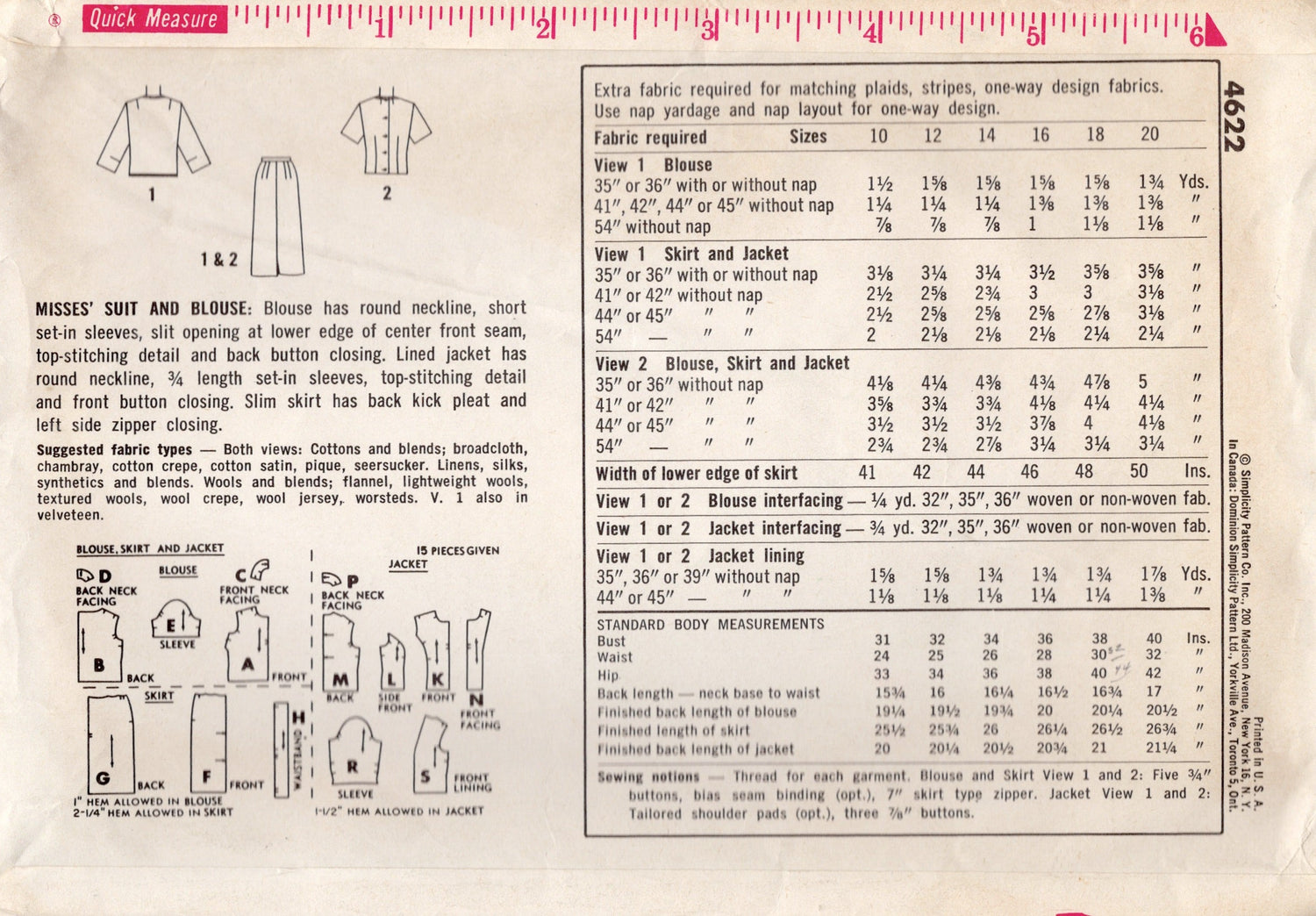 1960's Simplicity Two Piece Suit and Blouse Pattern - Bust 38" - No. 4622