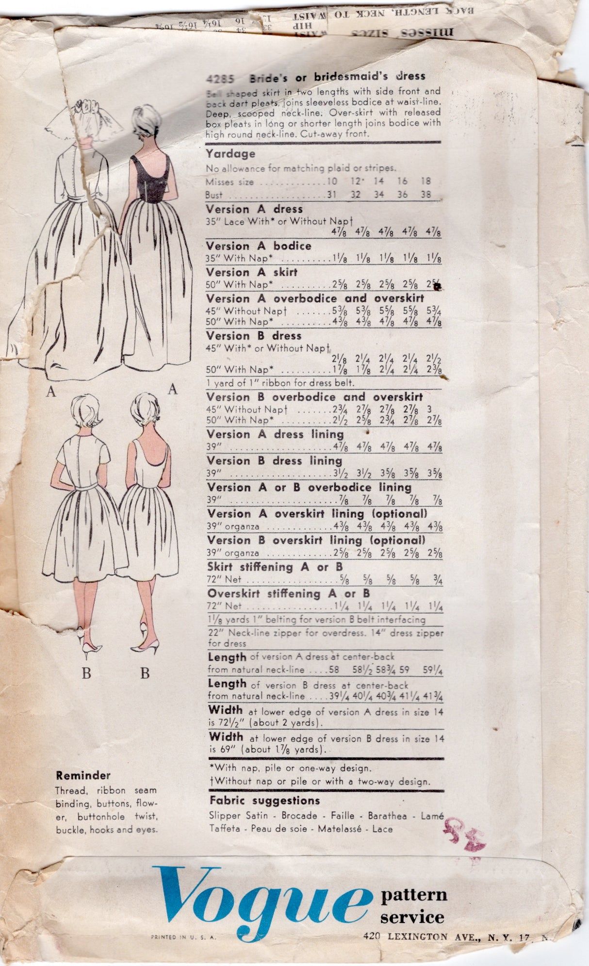 1960's Vogue Bell Shaped Skirted Wedding Dress Pattern - Bust 36" - No. 4285
