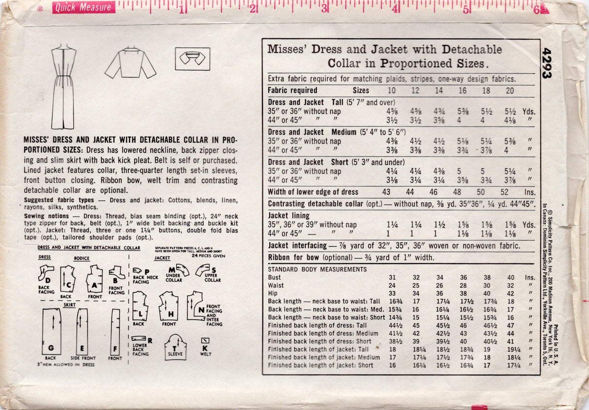 1960's Simplicity Proportioned Sheath Dress and Jacket Pattern - Bust 34" - No. 4293