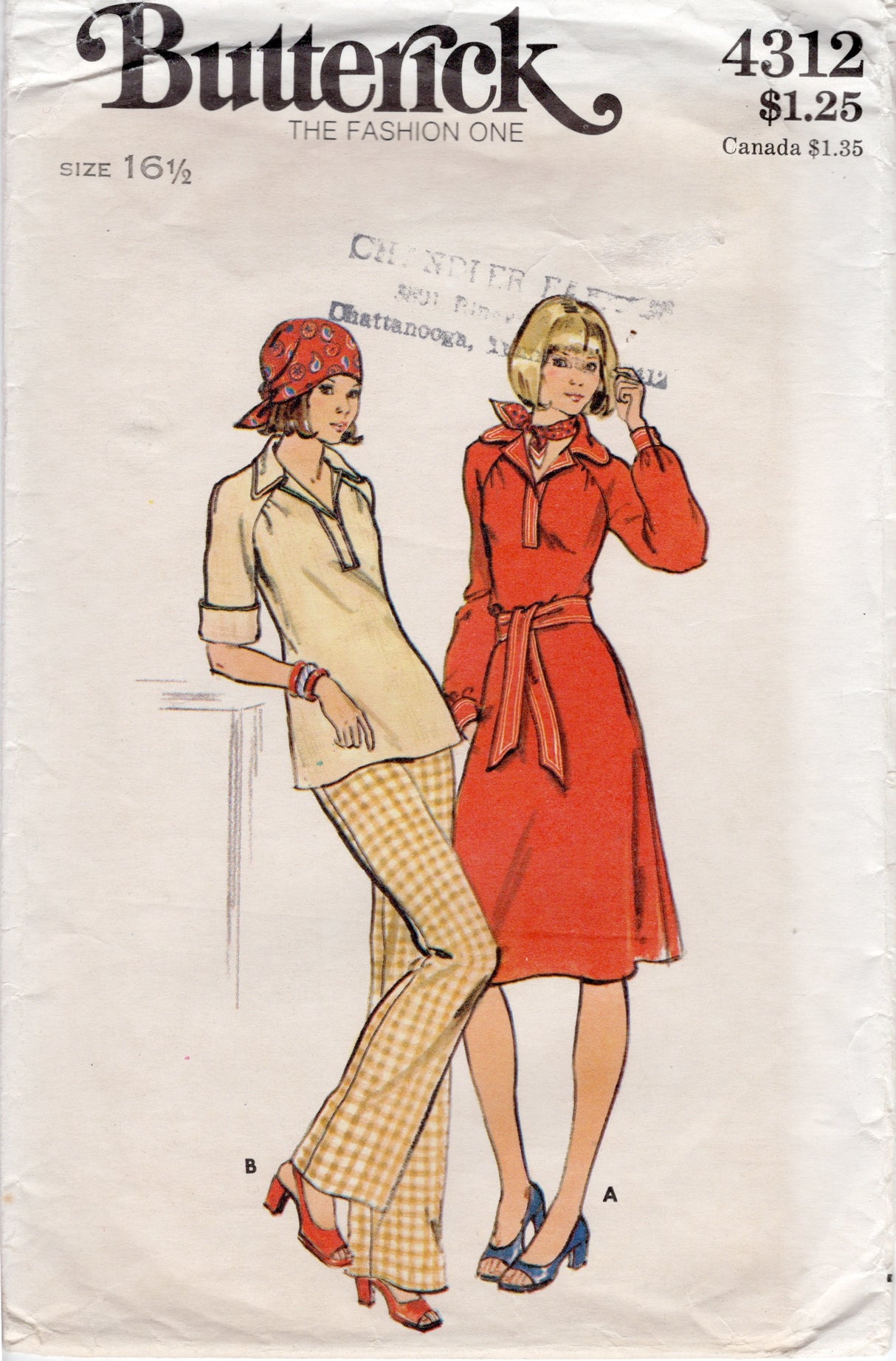 1970's Butterick Pullover Top or Dress and Pants Pattern - Bust 39" - No. 4312