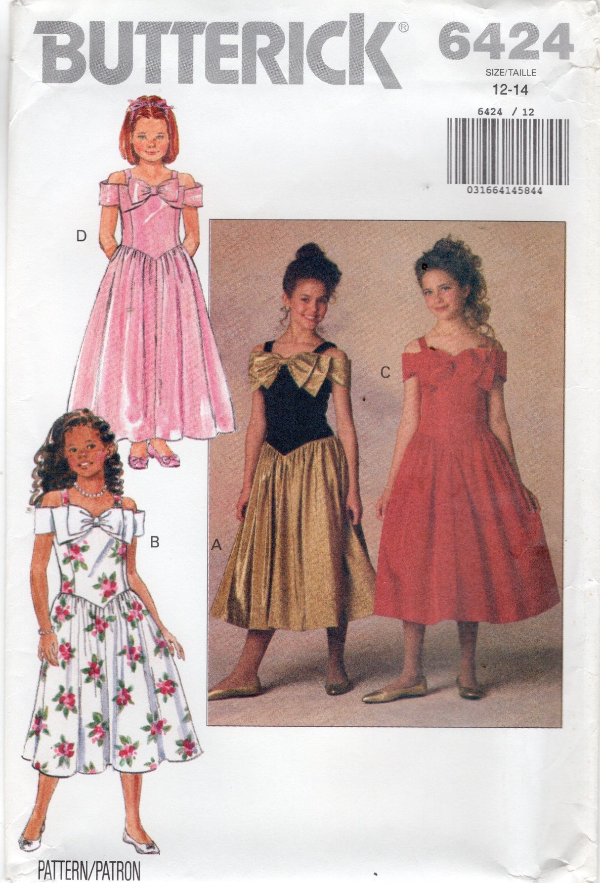 1990's Butterick Child's Drop Waist Off the Shoulder Dress Pattern - Chest 30-32" - No. 6424
