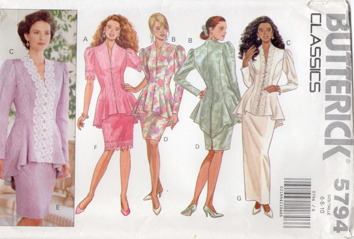 1990's Butterick Princess Line Top with Peplum and Pencil Skirt Pattern - Bust 30.5-32.5" - No. 5794