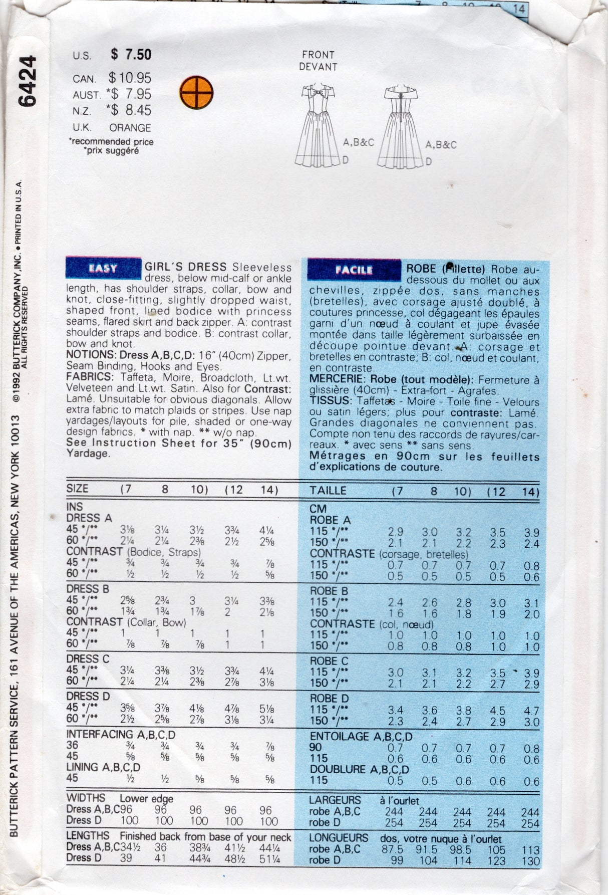 1990's Butterick Child's Drop Waist Off the Shoulder Dress Pattern - Chest 30-32" - No. 6424