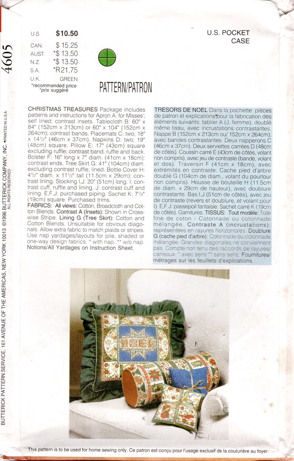 1990's Butterick Christmas Aprons, Pillows, and Crafts pattern - UC/FF -  No. 4605