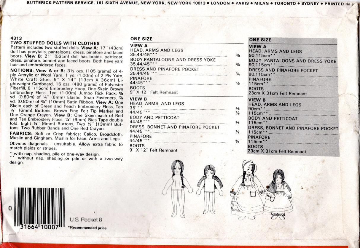 1990's Butterick Two Stuffed Dolls with Clothes pattern - UC/FF -  No. 4313